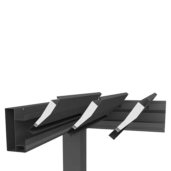 Biohort Pergola Lamellenpavillon Gr. 4,5 - B x T: 460 x 367,5 cm, Quarzgrau Metallic - Silber Metallic, Material Gestell: Stahl - Dunkelgraues Metall-Lamellensystem mit schrägen Lamellen und weißen Struktureinsätzen für architektonischen Sonnenschutz.
