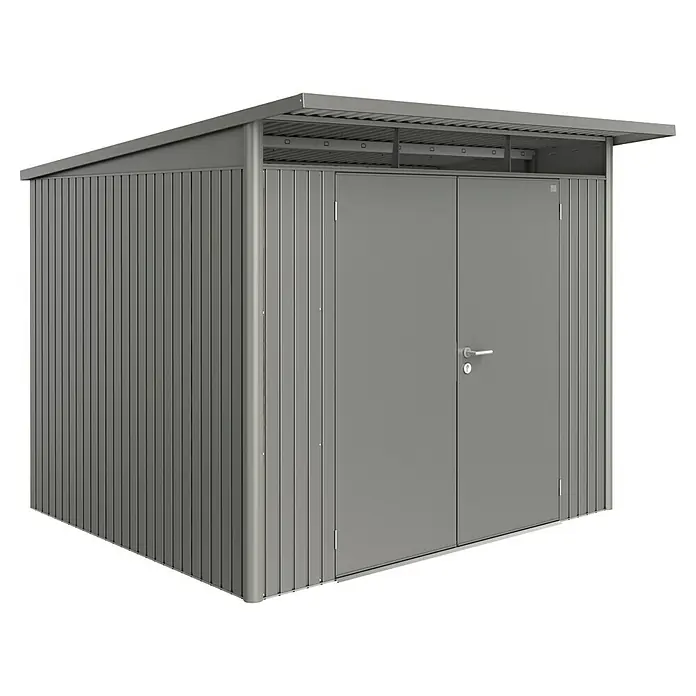 Biohort AvantGarde Gerätehaus A6 - Außenmaß inkl. Dachüberstand (B x T): 260 x 260 cm, Stahl, Quarzgrau Metallic, Doppeltür - Grauer Metall-Gartenschuppen mit Pultdach und Doppeltüren für den Außenbereich.