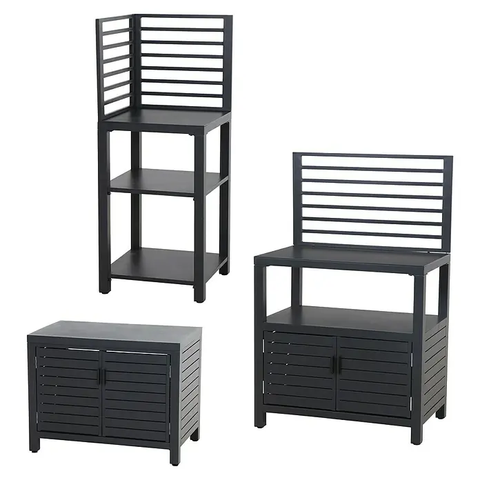 Siena Garden Outdoorküchen-Modul Texas - Matt Anthrazit - Drei dunkelgraue Lamellen-Gartenmöbel aus Metall: ein hohes Regal, ein niedriger Schrank und eine Kombi-Einheit.