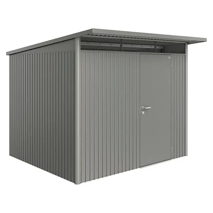 Biohort AvantGarde Gerätehaus A6 - Außenmaß inkl. Dachüberstand (B x T): 260 x 260 cm, Stahl, Quarzgrau Metallic, Einzeltür - Graues Metallgerätehaus mit Pultdach und einer Tür.