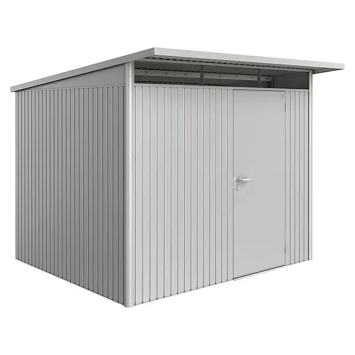 Biohort AvantGarde Gerätehaus A6 - Außenmaß inkl. Dachüberstand (B x T): 260 x 260 cm, Stahl, Silber Metallic, Einzeltür - Moderner grauer Metallgartenschuppen mit Wellblechwänden und schrägem Flachdach, einer Einzeltür.