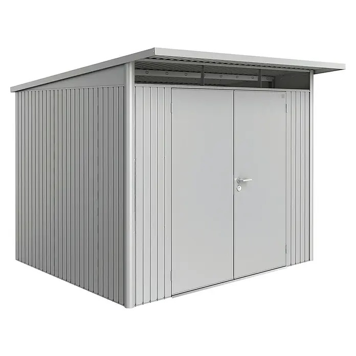 Biohort AvantGarde Gerätehaus A6 - Außenmaß inkl. Dachüberstand (B x T): 260 x 260 cm, Stahl, Silber Metallic, Doppeltür - Hellgrauer Metall-Gartenschuppen mit Doppeltüren und Pultdach für die Gartenlagerung.