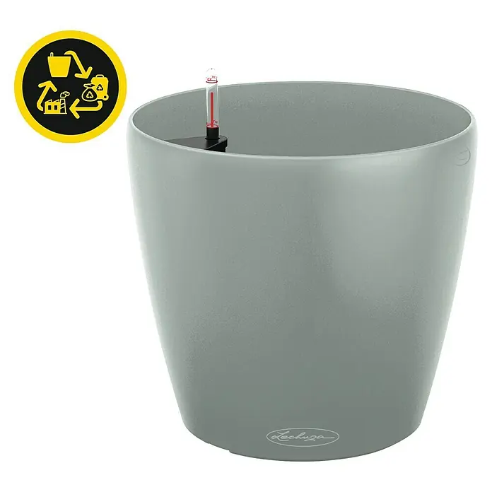 Lechuza Classico Pflanztopf Eco - Außenmaß (Ø x H): 42 x 39,5 cm, Kunststoff, Hellgrau - Grauer texturierter Pflanztopf mit integriertem Wasserstandsanzeiger und einem gelben Recycling-Symbol.