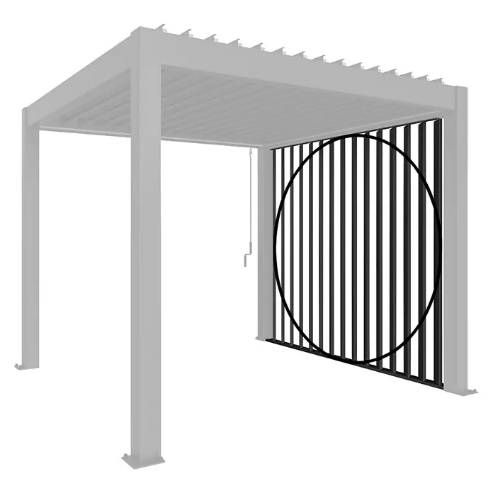 Biohort Seitenwand - Passend für Biohort Lamellenpavillon 4 m, Dunkelgrau Metallic - Graue Pergola mit einem schwarzen vertikalen Lamellen-Sichtschutz an einer Seite.