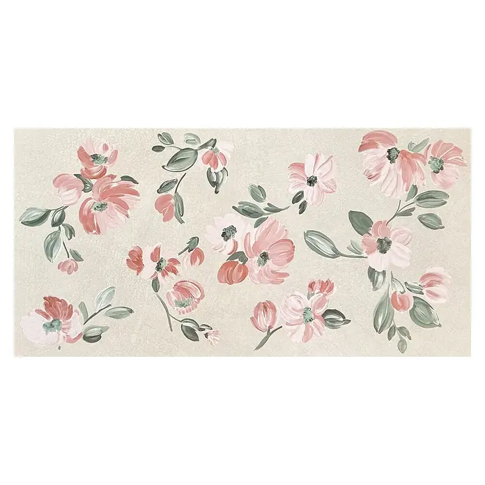 Corso Italia Wandfliese Lexington Jade - 80 x 40 cm, Beige/Rot/Grün, Matt - Handgemaltes Blumenmuster mit rosa Blüten und grünem Laub.