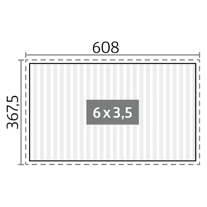 Biohort Lamellenpavillon - B x T: 608 x 367,5 cm, Dunkelgrau Metallic, Material Gestell: Stahl - Schema mit einem großen Rechteck (608x367,5) und einem kleineren Innenrechteck (6x3,5).