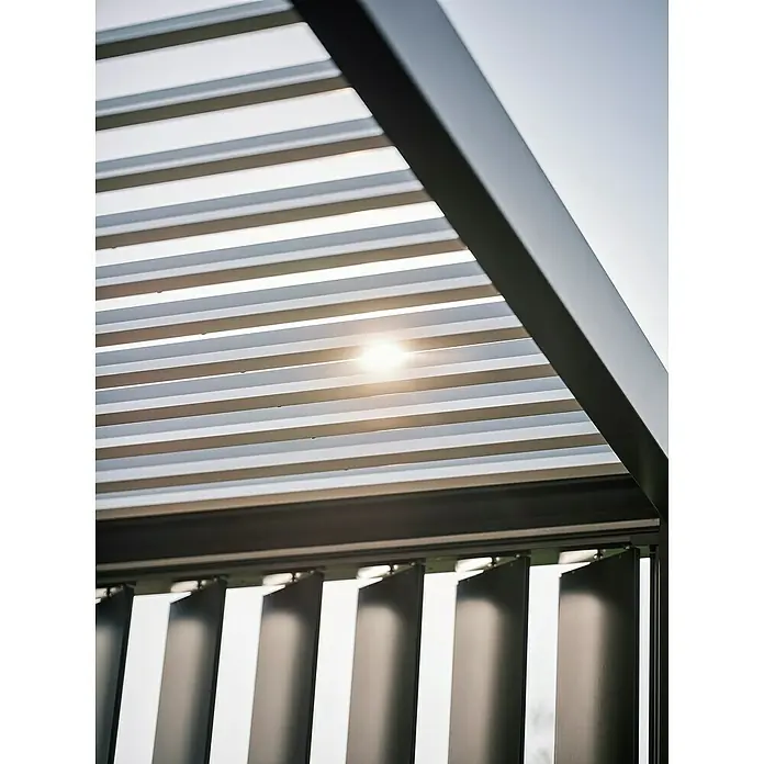 Biohort Seitenwand - Passend für Biohort Lamellenpavillon 3,5 m, Quarzgrau Metallic - Verstellbare dunkelgraue Lamellenpergola aus Metall, durch deren Lamellen helles Sonnenlicht fällt.
