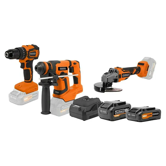 Toolson PRO Juego de máquinas - 18 V, 2 baterías, 2 Ah - 4 Ah, 7 pzs. - Set de herramientas eléctricas inalámbricas naranja y negro: taladro, martillo perforador, amoladora angular y varias baterías de 18V.