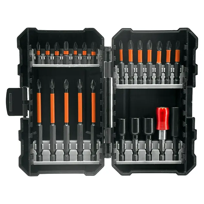Toolson Set de puntas - 24 pzs. - Estuche negro abierto mostrando un juego de puntas de destornillador variadas con bandas naranjas, incluyendo puntas largas y cortas, y un portapuntas rojo.