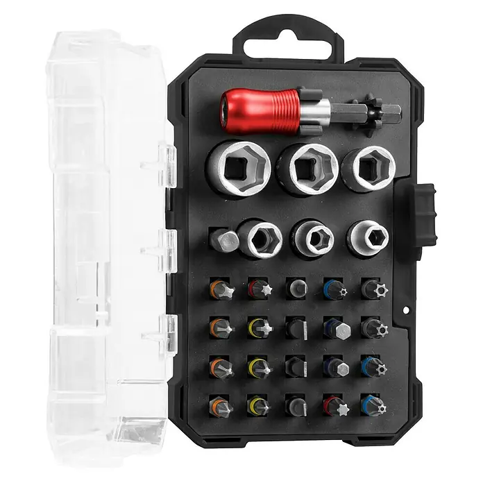 Toolson Set de puntas - 28 pzs., Longitud de punta: 25 mm - Estuche de herramientas negro con tapa transparente que contiene puntas de destornillador, vasos hexagonales y un portapuntas rojo.