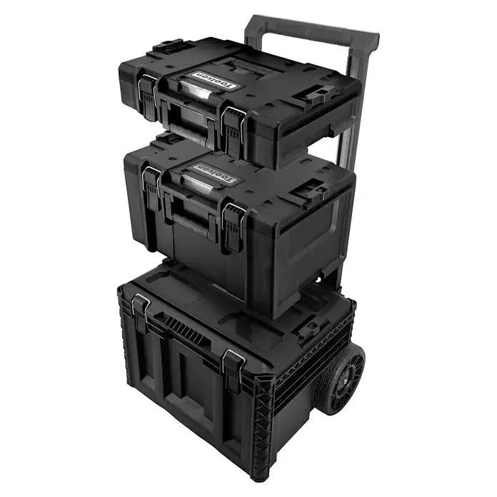 Toolson PRO-Case Juego de cajas de herramientas - 3 pzs., Apilable - Sistema modular de cajas de herramientas negro con tres cajas de plástico apiladas en un carrito con ruedas.