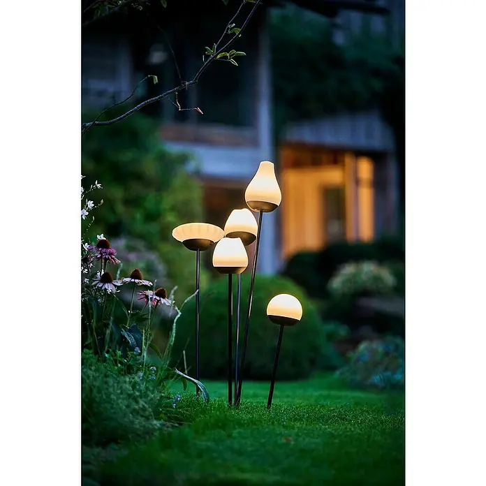 Lumix Solarleuchte Pompom - Lichtfarbe: RGB, Höhe: 100 cm, Pompom - Fünf Gartenleuchten mit schwarzen Stäben und leuchtenden, creme-weißen Diffusoren erhellen einen Garten in der Dämmerung.