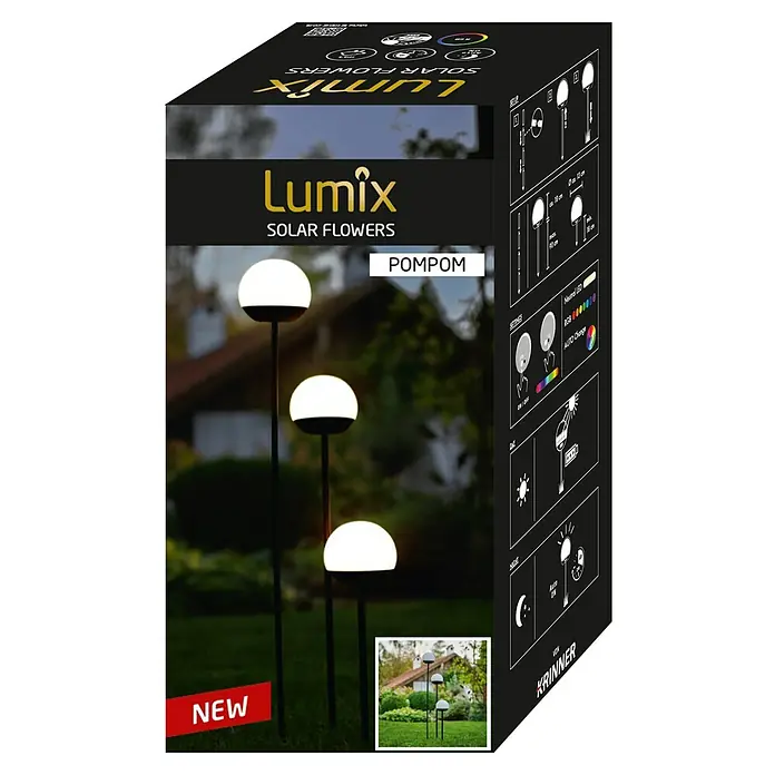 Lumix Solarleuchte Pompom - Lichtfarbe: RGB, Höhe: 100 cm, Pompom - Verpackung für Lumix Pompom Solar-Gartenleuchten. Zeigt weiße Kugelleuchten mit RGB-LED und Auto-On-Funktion für den Außenbereich.