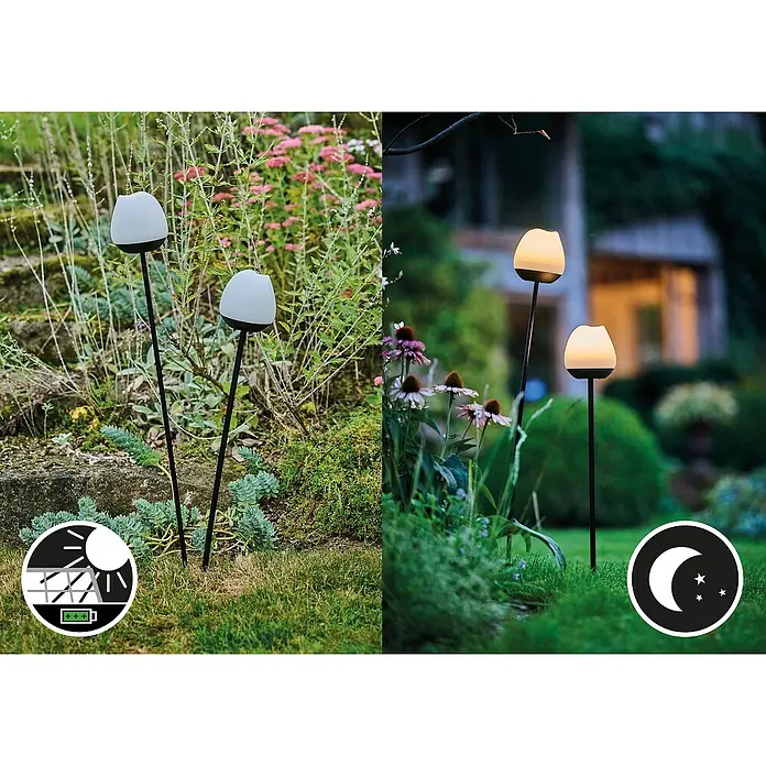 Lumix Solarleuchte Rosy - Lichtfarbe: RGB, Höhe: 100 cm, Rosy - Solar-Gartenleuchten mit schwarzen Stielen und weißen, tulpenförmigen Diffusoren, bei Tag ladend und bei Nacht leuchtend im Garten.