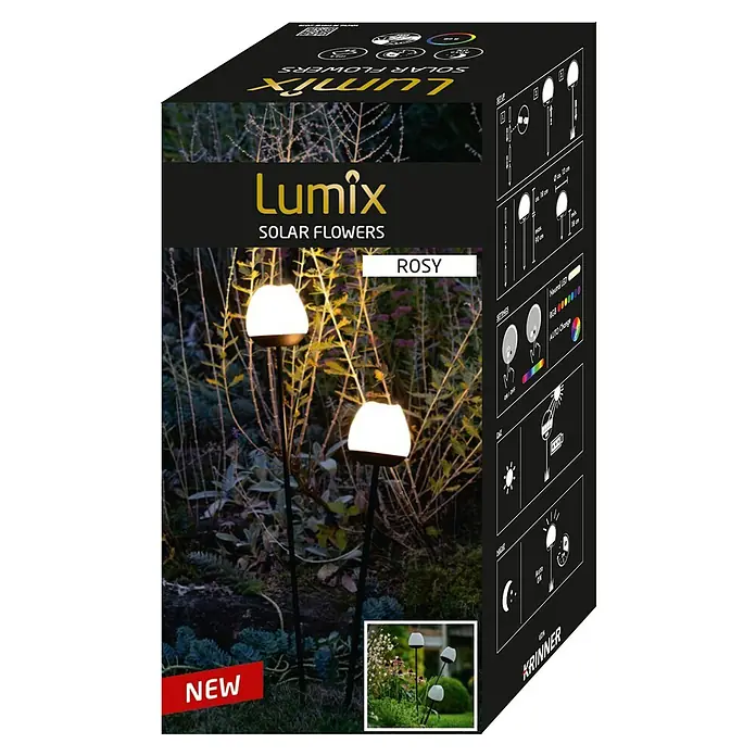 Lumix Solarleuchte Rosy - Lichtfarbe: RGB, Höhe: 100 cm, Rosy - Lumix "Rosy" Solar-Gartenleuchten erhellen einen Garten bei Nacht, mit leuchtend weißen Köpfen auf dunklen Stäben.