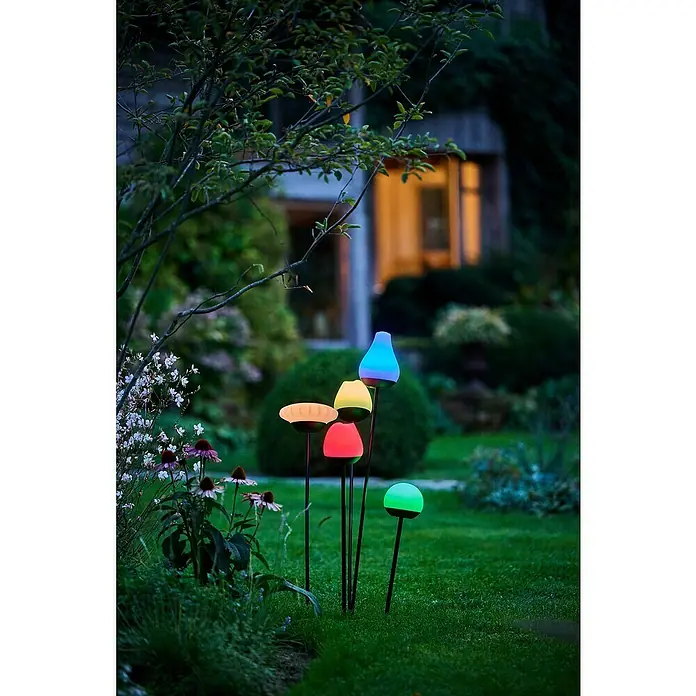Lumix Solarleuchte Pompom - Lichtfarbe: RGB, Höhe: 100 cm, Pompom - Fünf farbige LED-Gartenleuchten auf Spießen, die in einem gedämpften Garten lebendige Blau-, Gelb-, Rot-, Grün- und Warmweiß-Töne werfen.
