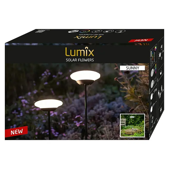 Lumix Solarleuchte Sunny - Lichtfarbe: RGB, Höhe: 100 cm, Sunny - Schwarze Verpackung für Lumix Solar Flowers Gartenleuchten, zeigt zwei leuchtende Lampen nachts und eine im Garten tagsüber, mit "NEW"- und "SUNNY"-Etiketten.