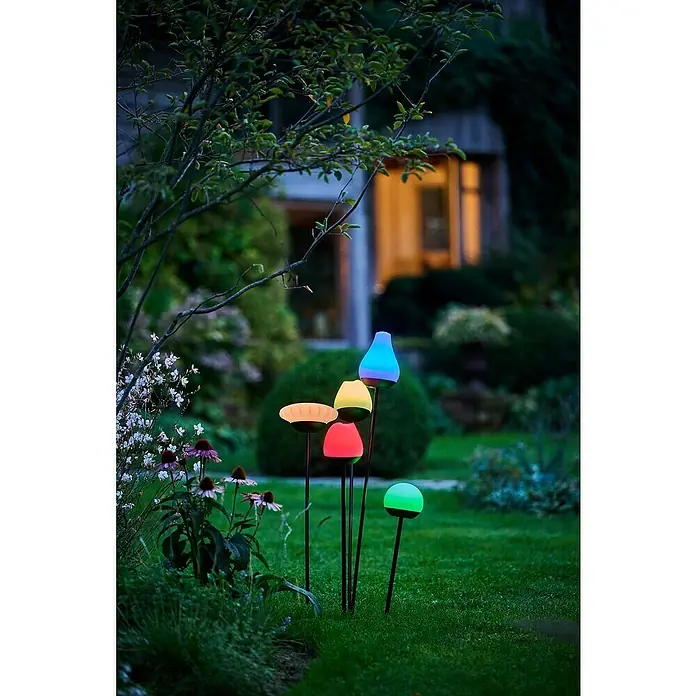 Lumix Solarleuchte Tulip - Lichtfarbe: RGB, Höhe: 100 cm, Tulip - Bunte, leuchtende LED-Gartensteckerleuchten in verschiedenen Formen, die einen Garten in der Dämmerung erhellen.