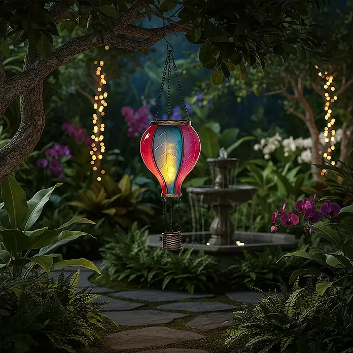 Solar-Dekoleuchte Heißluftballon - L x B x H: 10,8 x 10,8 x 38 cm, Bunt, IP44 - Bunte Heißluftballon-Solarlaterne, rot und blau leuchtend, hängt nachts in einem üppigen Garten.
