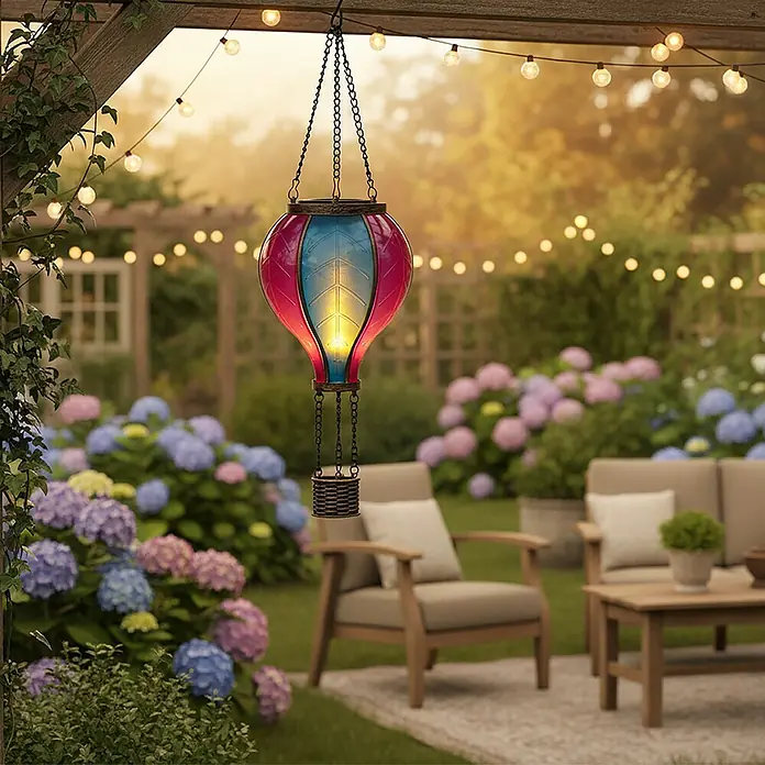 Solar-Dekoleuchte Heißluftballon - L x B x H: 10,8 x 10,8 x 38 cm, Bunt, IP44 - Beleuchtete rosa-blaue Heißluftballon-Laterne hängt im Freien und verschönert eine Gartenterrasse.