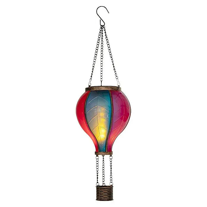 Solar-Dekoleuchte Heißluftballon - L x B x H: 10,8 x 10,8 x 38 cm, Bunt, IP44 - Bunte Heißluftballon-Hängelaterne mit roten, blauen, pinken Paneelen, Innenbeleuchtung, braunem Rand, schwarzen Ketten und Korb.