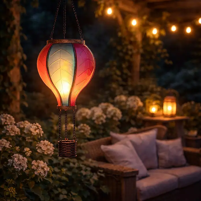 Solar-Dekoleuchte Heißluftballon - L x B x H: 10,8 x 10,8 x 38 cm, Bunt, IP44 - Eine dekorative solarbetriebene Heißluftballon-Laterne in Rot und Hellblau, leuchtend in einem Garten bei Nacht.