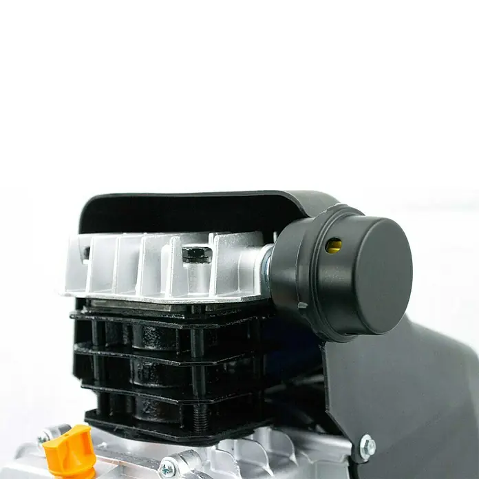 Prebena Kompressor Vigon 300 - Max. Druck: 8 bar, 50 l - Nahaufnahme von silbernen Aluminium-Kühlrippen, schwarzem Gehäuse und zylindrischem Luftfilter mit gelbem Detail einer Maschine.
