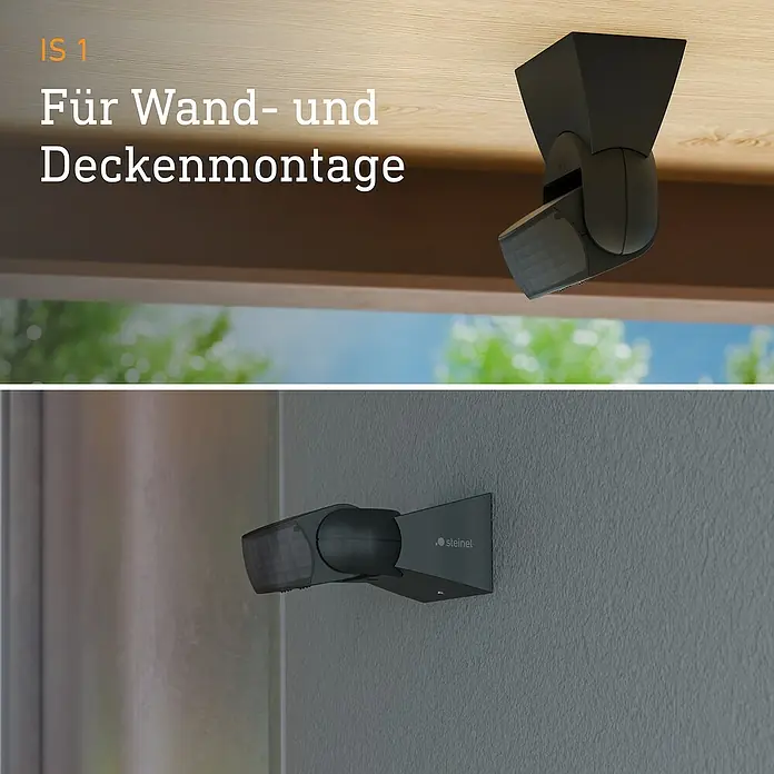 Steinel Bewegungsmelder IS 1 schwarz - Reichweite Sensor: 10 m, Schwarz, Erfassungswinkel Sensor: 120 °, L x B x H: 120 x 80 x 50 mm - Dunkelgrauer Bewegungsmelder IS 1 an Holzdecke und grauer Wand montiert, zeigt Eignung für Wand- und Deckenmontage.