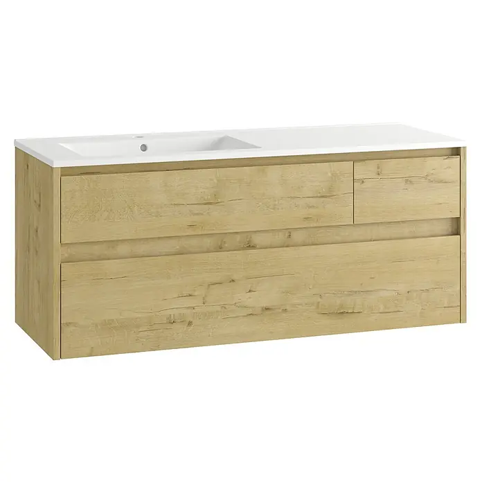 Mueble bajo de lavabo Emma izquierda - L x An x Al: 45 x 120 x 50 cm, Nogal - Mueble de baño efecto madera clara con lavabo blanco integrado y múltiples cajones.