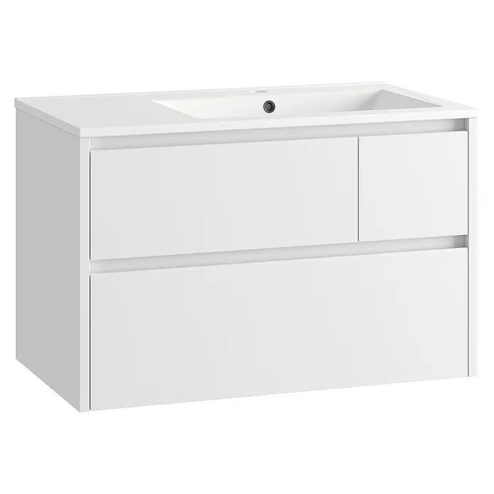 Mueble bajo de lavabo Emma derecha - L x An x Al: 45 x 80 x 50 cm, Blanco Mate - Mueble de baño blanco suspendido con lavabo integrado y tres cajones.