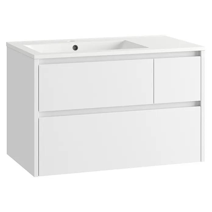 Mueble bajo de lavabo Emma izquierda - L x An x Al: 45 x 80 x 50 cm, Blanco Brillo - Mueble de baño blanco con lavabo integrado y tres cajones (uno grande, dos pequeños).