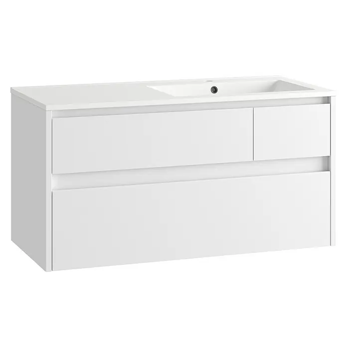 Mueble bajo de lavabo Emma derecha - L x An x Al: 45 x 100 x 50 cm, Blanco Mate - Mueble de baño blanco con lavabo integrado y dos cajones.