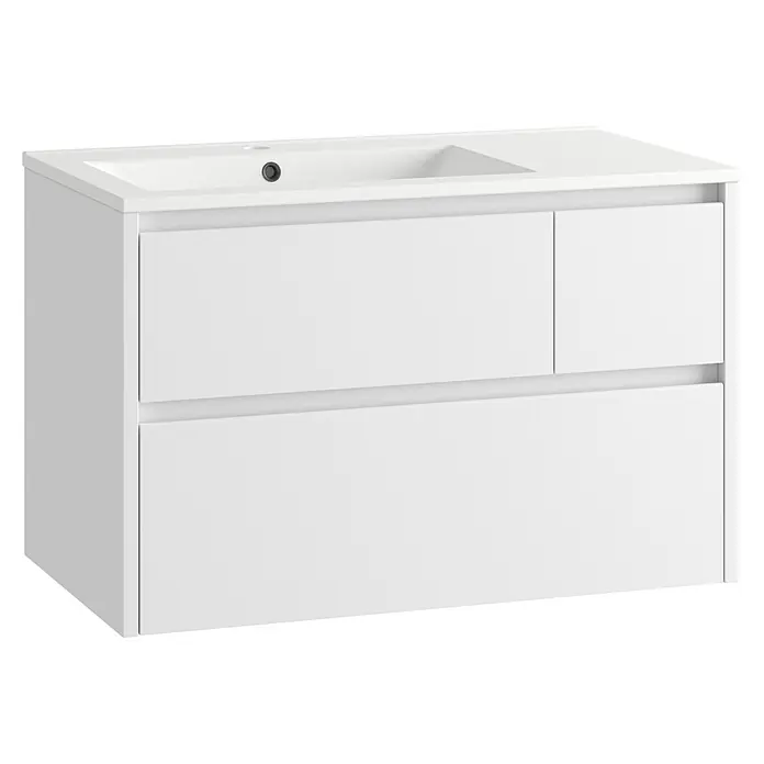 Mueble bajo de lavabo Emma izquierda - L x An x Al: 45 x 80 x 50 cm, Blanco - Mueble de baño blanco moderno con lavabo integrado y dos cajones.