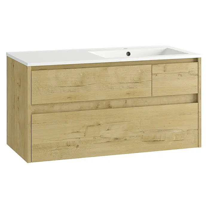 Mueble bajo de lavabo Emma derecha - L x An x Al: 45 x 100 x 50 cm, Nogal - Mueble de baño efecto madera clara con lavabo integrado blanco y cajones.