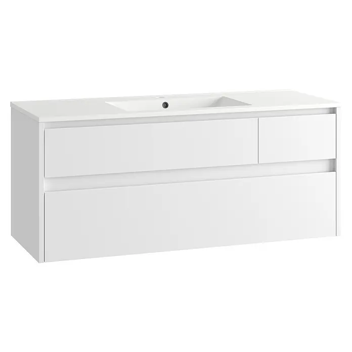 Mueble bajo de lavabo Emma - L x An x Al: 45 x 120 x 50 cm, Blanco Mate - Mueble de baño blanco suspendido con lavabo integrado y tres cajones para almacenamiento organizado.