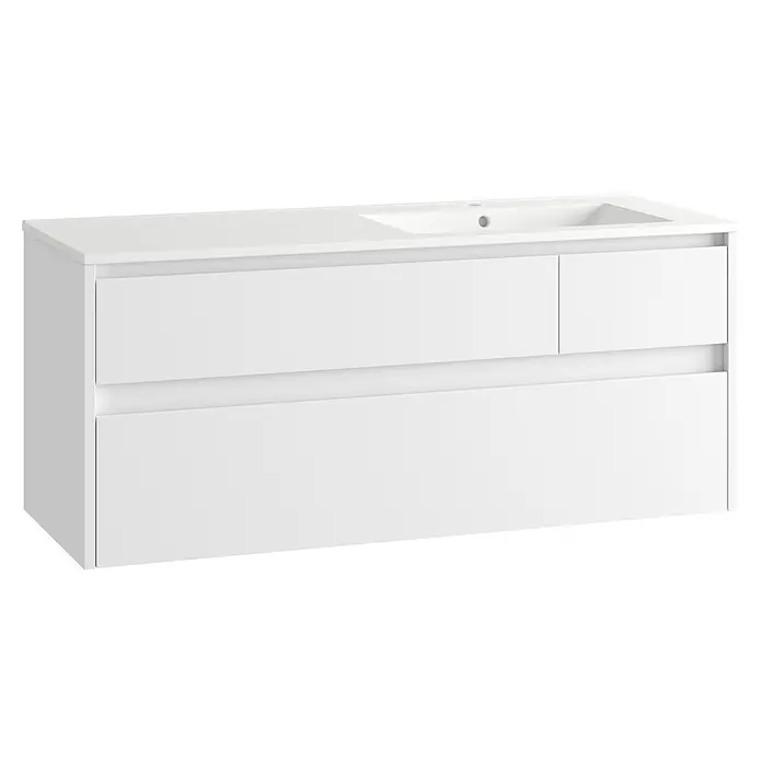 Mueble bajo de lavabo Emma derecha - L x An x Al: 45 x 120 x 50 cm, Blanco Brillo - Mueble de baño blanco moderno con lavabo integrado y varios cajones.