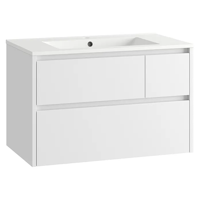 Mueble bajo de lavabo Emma - L x An x Al: 45 x 80 x 50 cm, Blanco Mate - Mueble de baño blanco con lavabo integrado y dos cajones; el cajón superior tiene un frontal visualmente dividido.