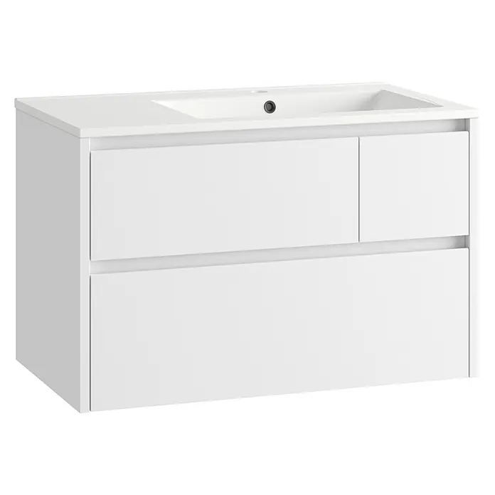 Mueble bajo de lavabo Emma derecha - L x An x Al: 45 x 80 x 50 cm, Blanco Brillo - Mueble de baño blanco con lavabo integrado y cajones de almacenamiento.
