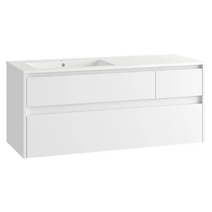 Mueble bajo de lavabo Emma izquierda - L x An x Al: 45 x 120 x 50 cm, Blanco Brillo - Mueble de baño blanco con lavabo integrado y cajones.