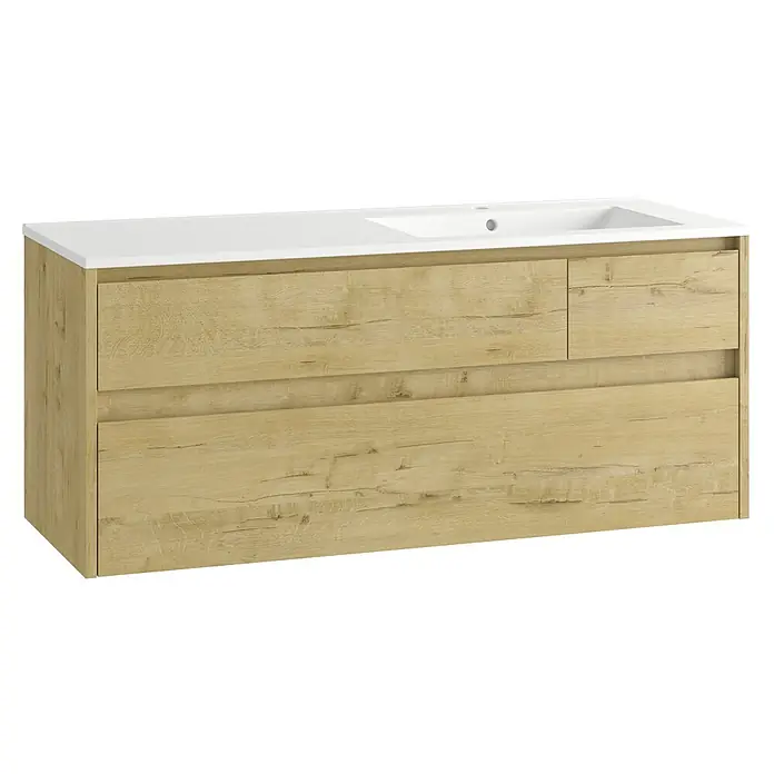 Mueble bajo de lavabo Emma derecha - L x An x Al: 45 x 120 x 50 cm, Nogal - Mueble de baño de madera clara con lavabo blanco integrado y múltiples cajones para almacenamiento.