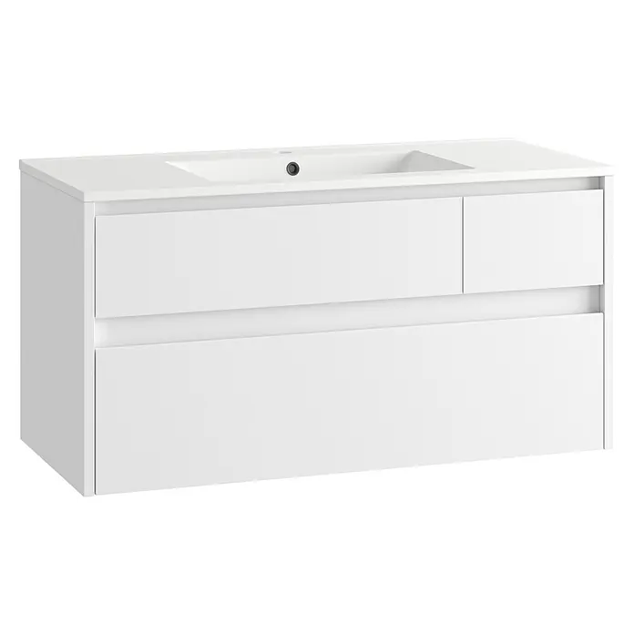 Mueble bajo de lavabo Emma - L x An x Al: 45 x 100 x 50 cm, Blanco Brillo - Mueble de baño blanco con lavabo integrado y dos cajones, diseño de tirador oculto.