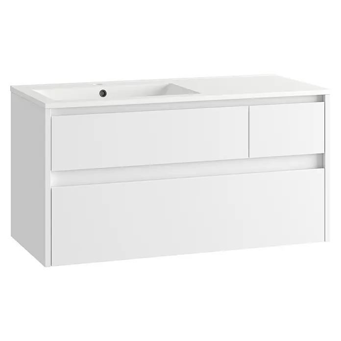 Mueble bajo de lavabo Emma izquierda - L x An x Al: 45 x 100 x 50 cm, Blanco Brillo - Mueble de baño blanco con lavabo integrado y cajones.
