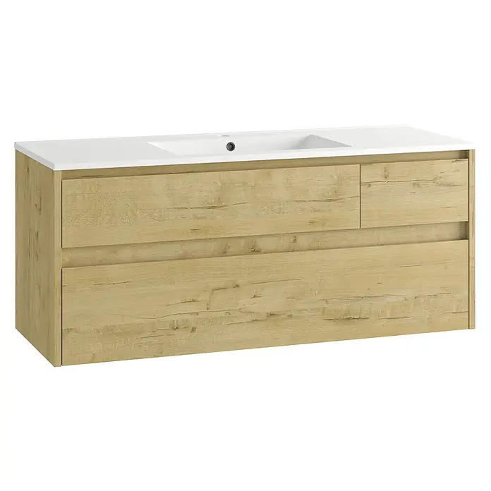 Mueble bajo de lavabo Emma - L x An x Al: 45 x 120 x 50 cm, Nogal - Mueble de baño efecto madera clara con lavabo blanco integrado y tres cajones.