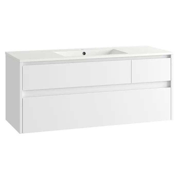 Mueble bajo de lavabo Emma - L x An x Al: 45 x 120 x 50 cm, Blanco Brillo - Mueble de baño blanco moderno con lavabo integrado y cajones.