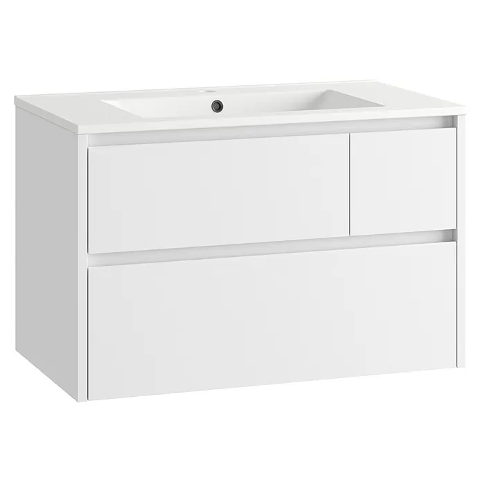 Mueble bajo de lavabo Emma - L x An x Al: 45 x 80 x 50 cm, Blanco Brillo - Mueble de baño blanco con lavabo integrado y varios cajones.