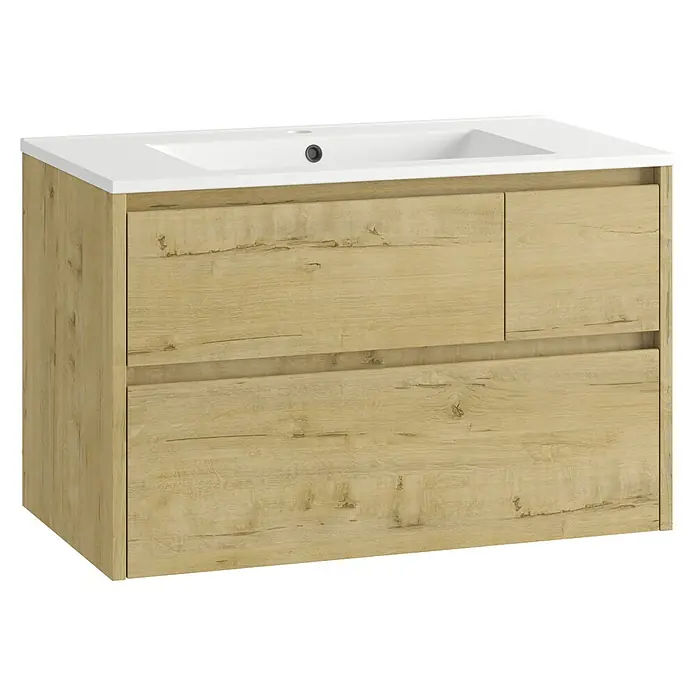 Conjunto de mueble de baño Emma -  - Mueble de baño roble claro con lavabo integrado y tres cajones.