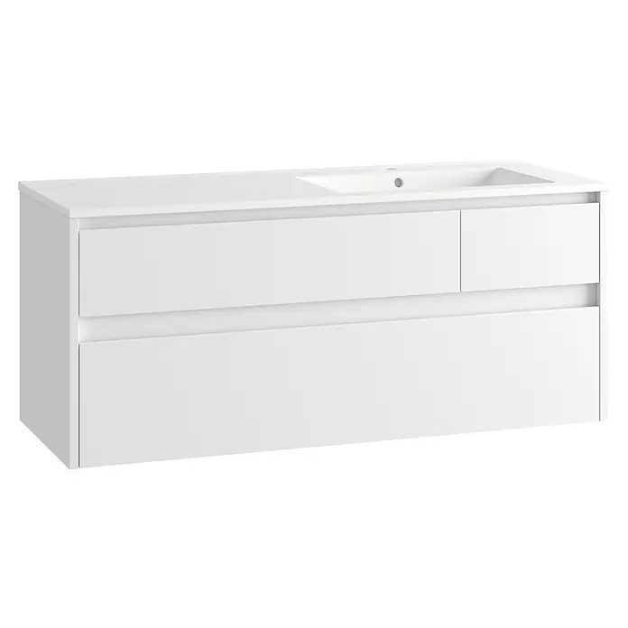 Mueble bajo de lavabo Emma derecha - L x An x Al: 45 x 120 x 50 cm, Blanco Mate - Mueble de baño moderno blanco con lavabo integrado, con dos cajones superiores y un cajón inferior grande.