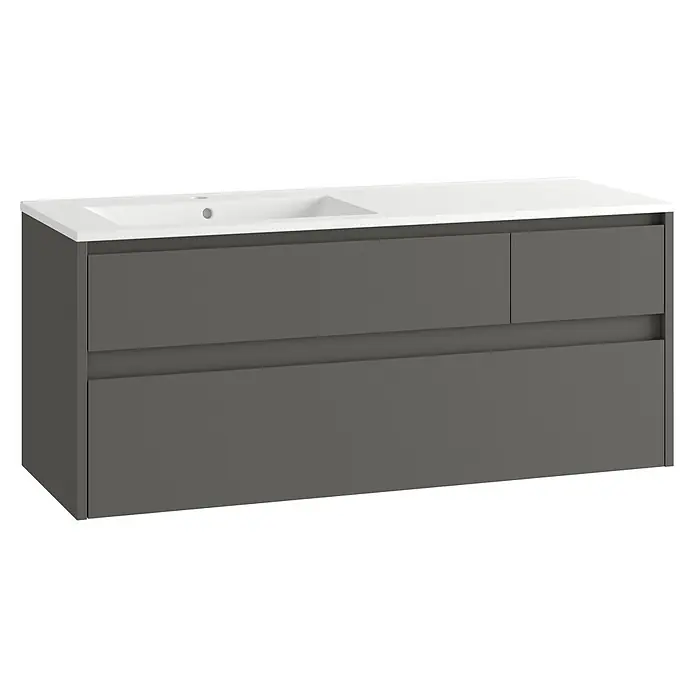 Mueble bajo de lavabo Emma izquierda - L x An x Al: 45 x 120 x 50 cm, Gris - Mueble de baño gris oscuro con lavabo blanco integrado y varios cajones.