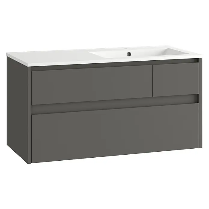 Mueble bajo de lavabo Emma derecha - L x An x Al: 45 x 100 x 50 cm, Gris - Mueble de baño gris oscuro con lavabo blanco integrado y dos cajones.