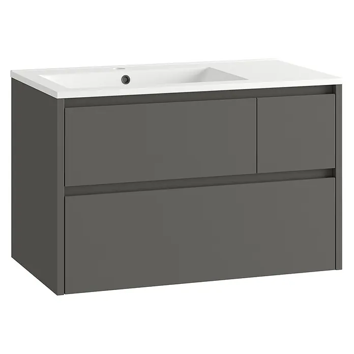 Mueble bajo de lavabo Emma izquierda - L x An x Al: 45 x 80 x 50 cm, Gris - Mueble de baño gris oscuro con lavabo blanco integrado y múltiples cajones de almacenaje.